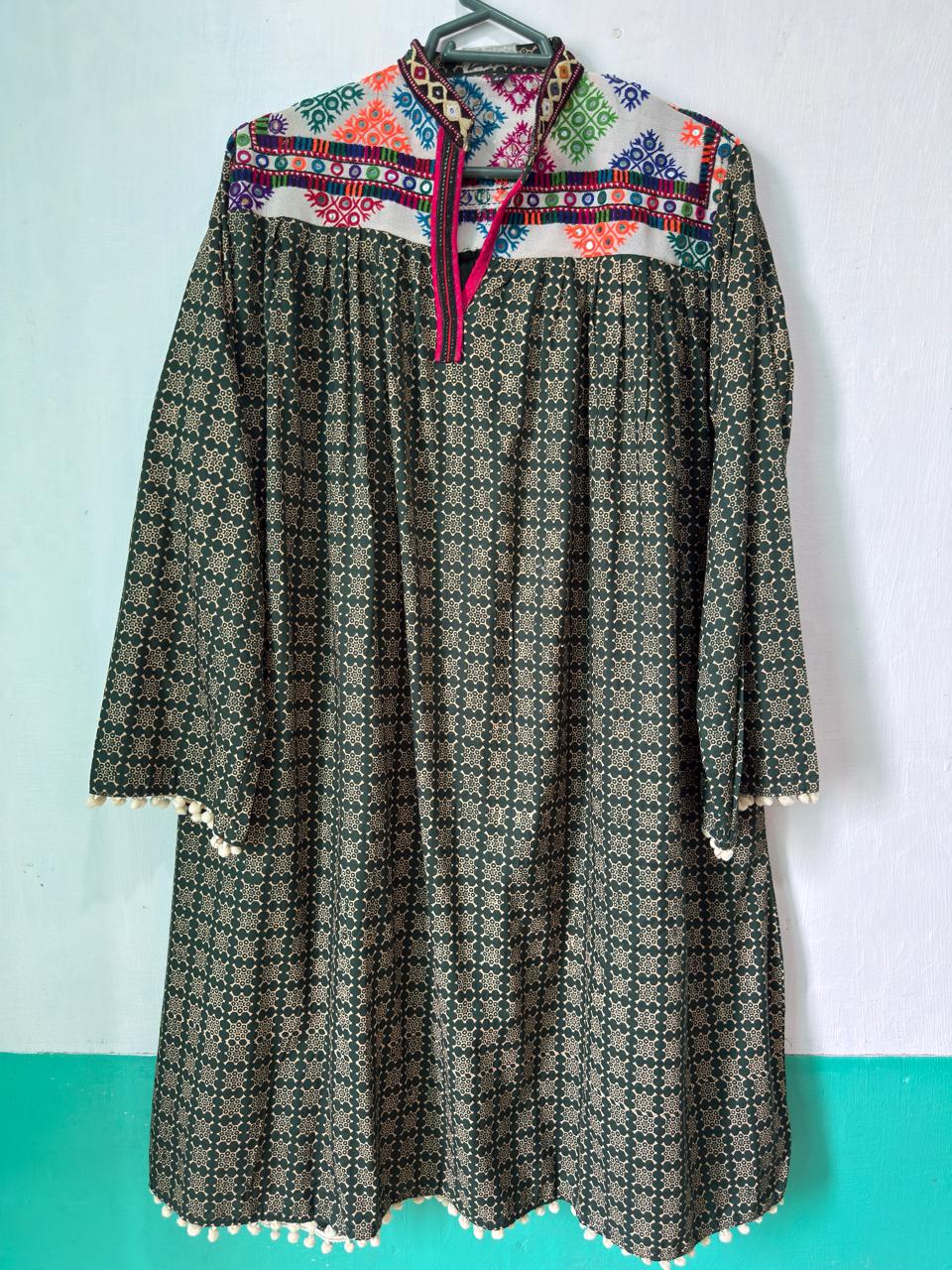Frock kurta in olive and white