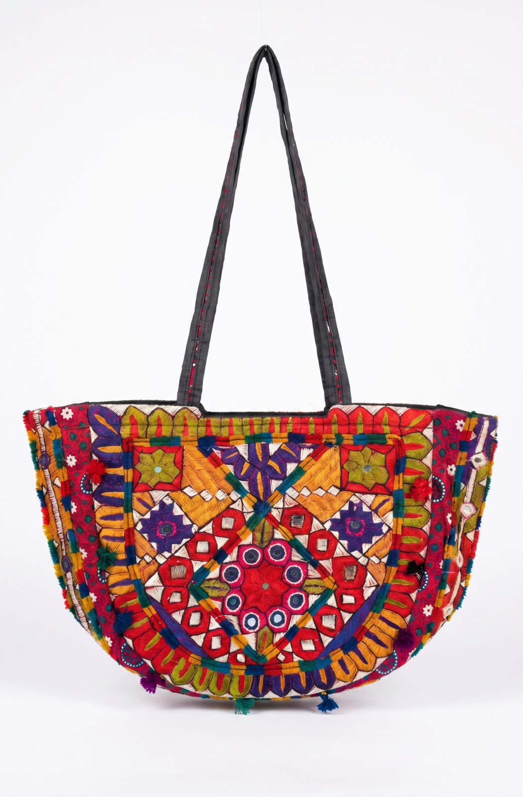 Half-moon multicolour patchwork mirror-work shoulder bag, handmade in Tharparkar, Sindh
