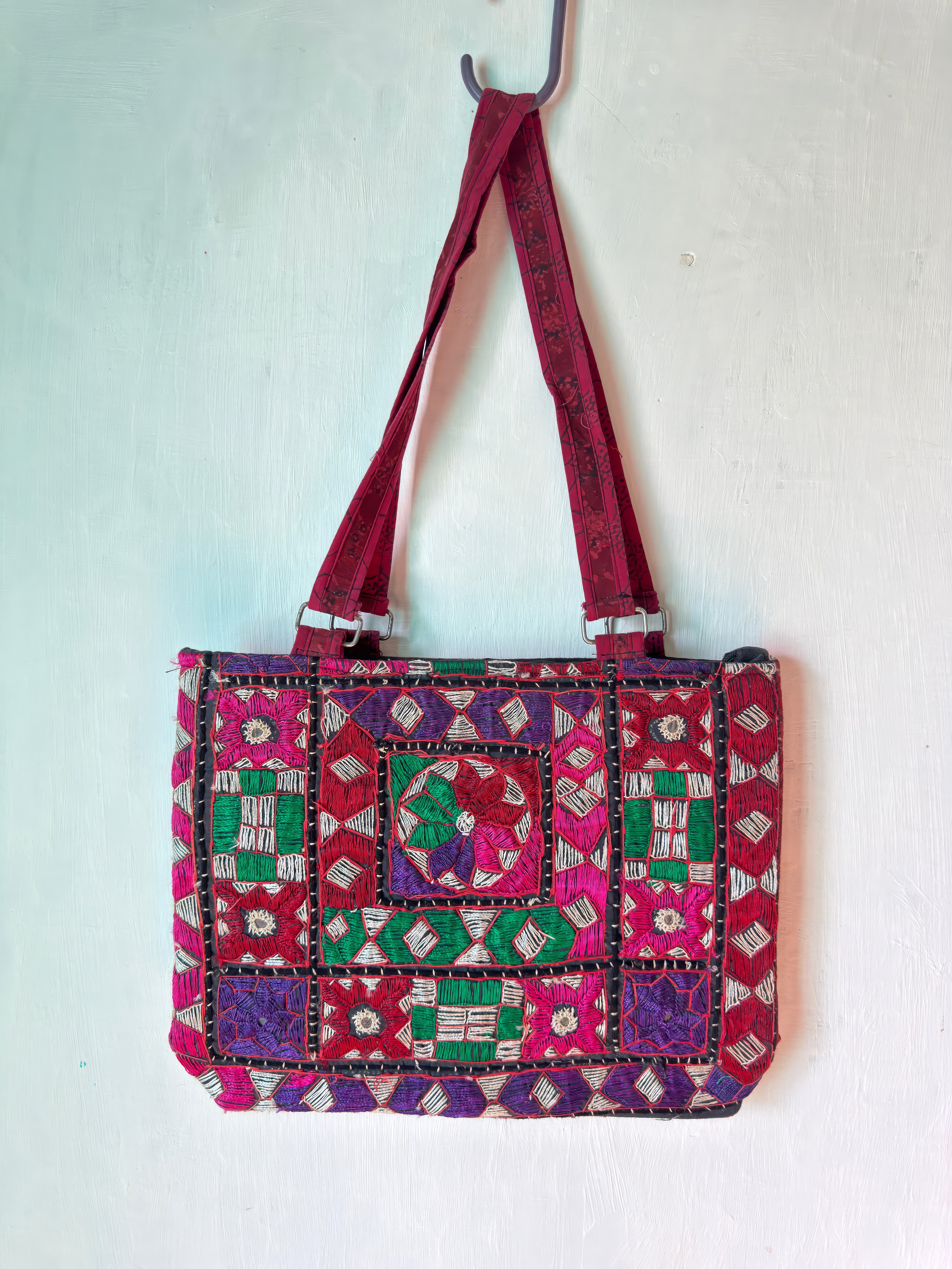 Tharparkar Embroidered Shoulder Bag — Magenta & Green